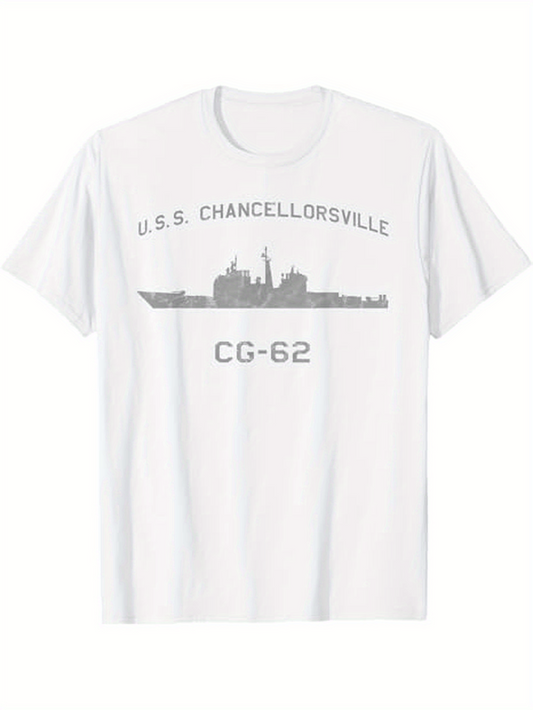 Men's Graphic T-Shirt USS Chancellorsville With Gray Silhouette Among Open White Space Ship