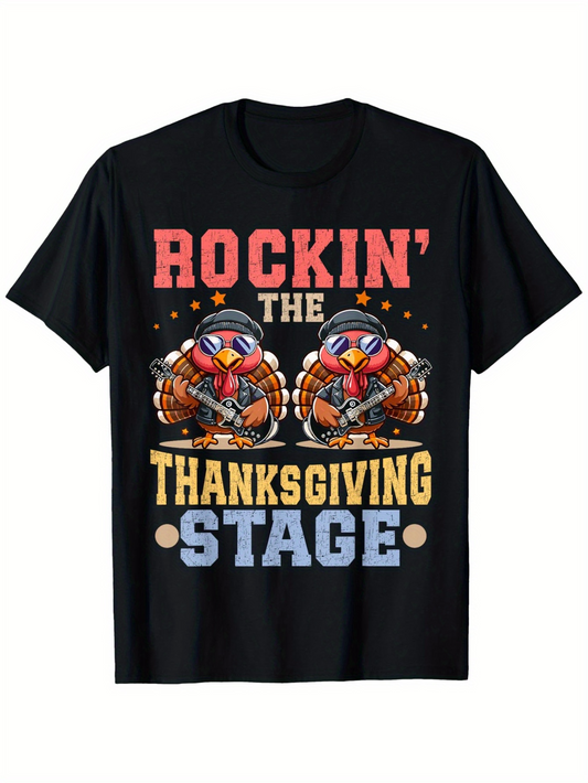 Men's Graphic T-Shirt Rockin The Thanksgiving Stage With Colorful Turkeys Playing Electric Guitar