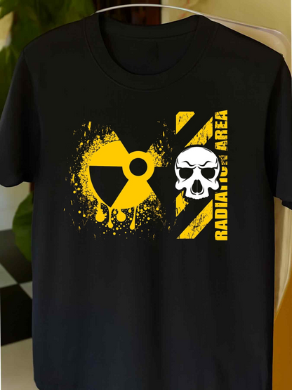 Men's Graphic T-Shirt Radiation Caution Markings With Grunge Skull Among Warning Stripes