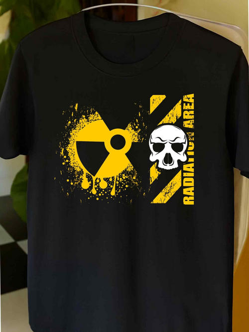 Men's Graphic T-Shirt Radiation Caution Markings With Grunge Skull Among Warning Stripes