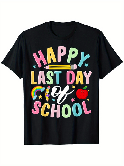 Men's Graphic T-Shirt Happy Last Day Of School With Rainbow Pencil Star And Red Apple