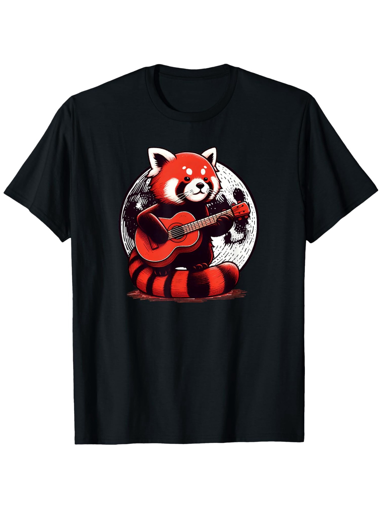 Men's Graphic T-Shirt Red Panda Playing Guitar Under A Glowing Full Moon
