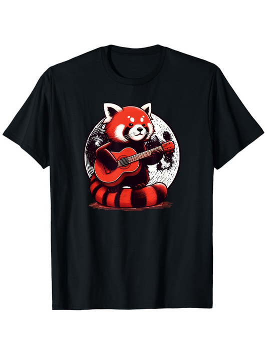 Men's Graphic T-Shirt Red Panda Playing Guitar Under A Glowing Full Moon