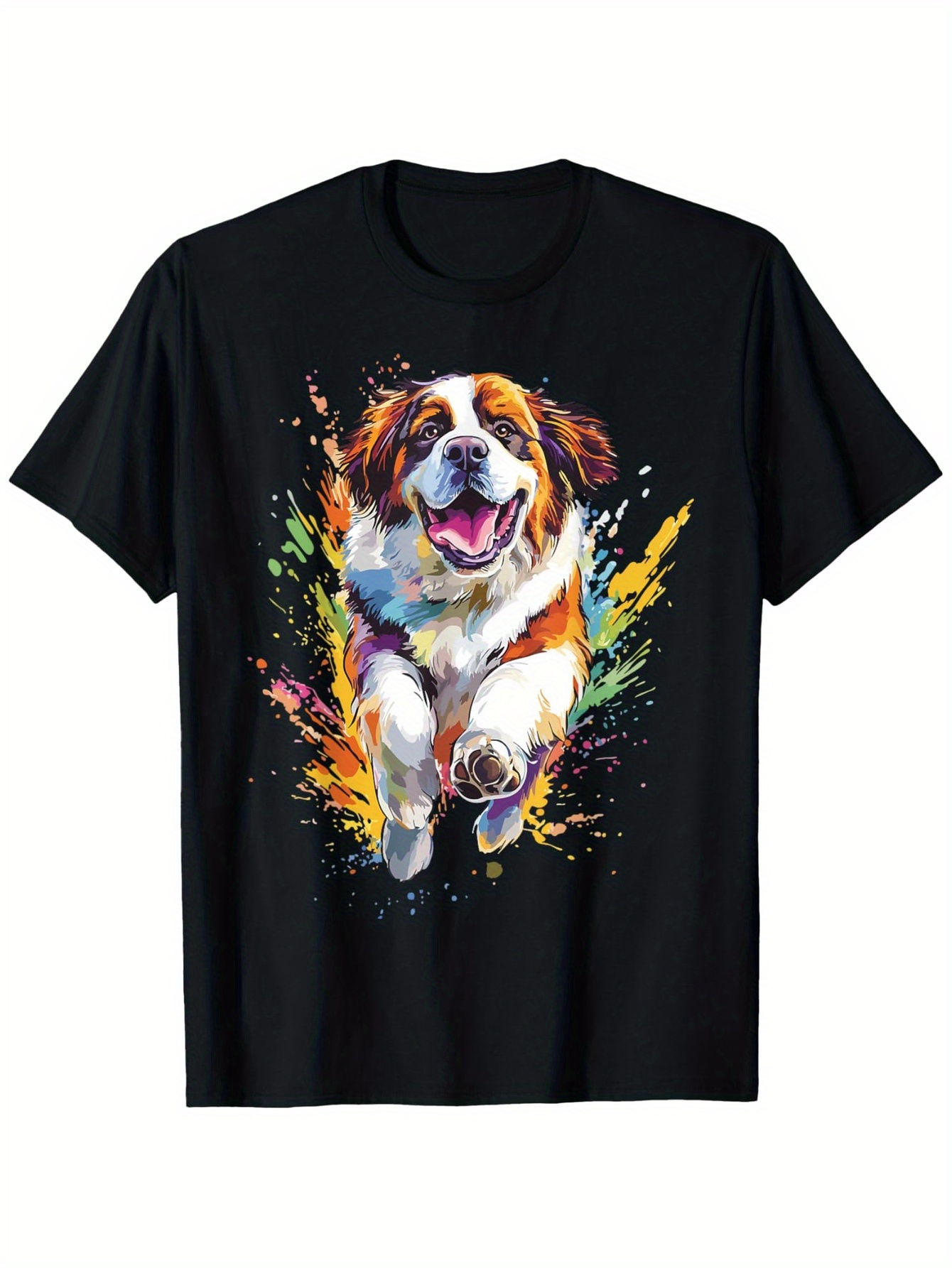 Men's Graphic T-Shirt Colorful Splash Pattern With Smiling Running Happy Dog