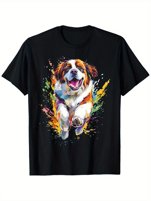 Men's Graphic T-Shirt Colorful Splash Pattern With Smiling Running Happy Dog