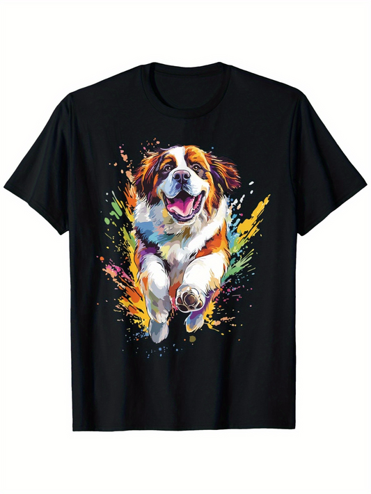 Men's Graphic T-Shirt Colorful Splash Pattern With Smiling Running Happy Dog