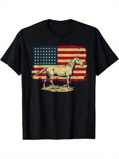 Men's Graphic T-Shirt Vintage American Flag With Standing Majestic Palomino Horse