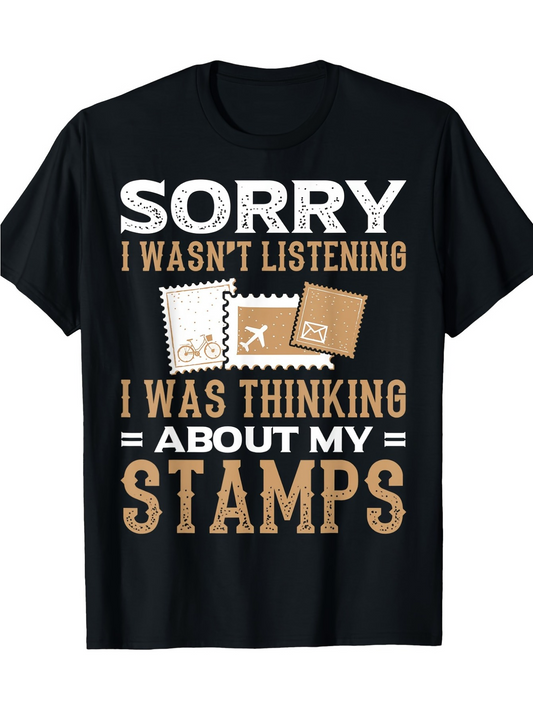 Men's Graphic T-Shirt Sorry I Wasnt Listening About My Stamps With Vintage Mail Letter Icons