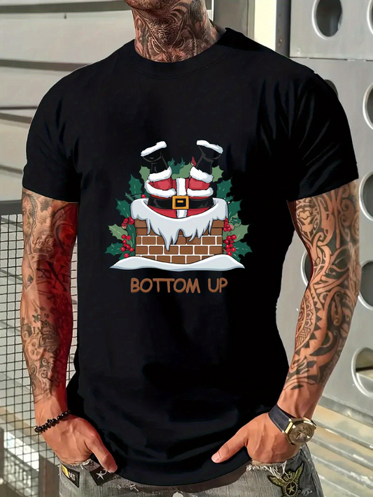 Men's Graphic T-Shirt Bottom Up Santa Claus Legs Sticking Out Of Chimney With Snowy Bricks Surrounded By Holly