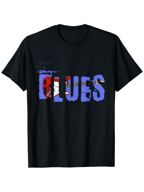 Men's Graphic T-Shirt Distressed Blue Red Lettering Among Black Painted Texture Blues