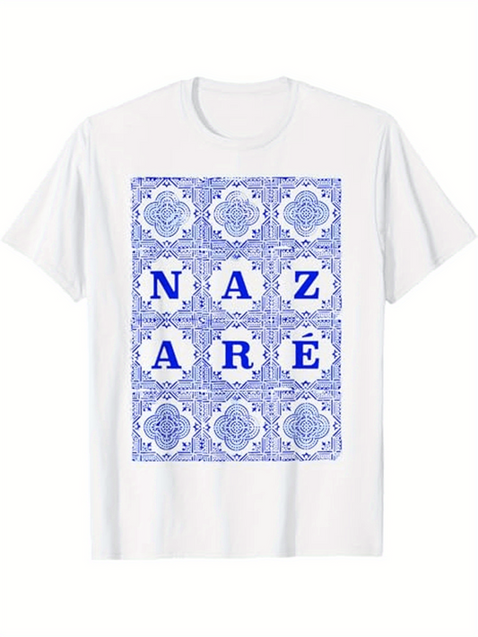 Men's Graphic T-Shirt Nazare Blue Ornamental Tiles Pattern Framing Vintage Lettering