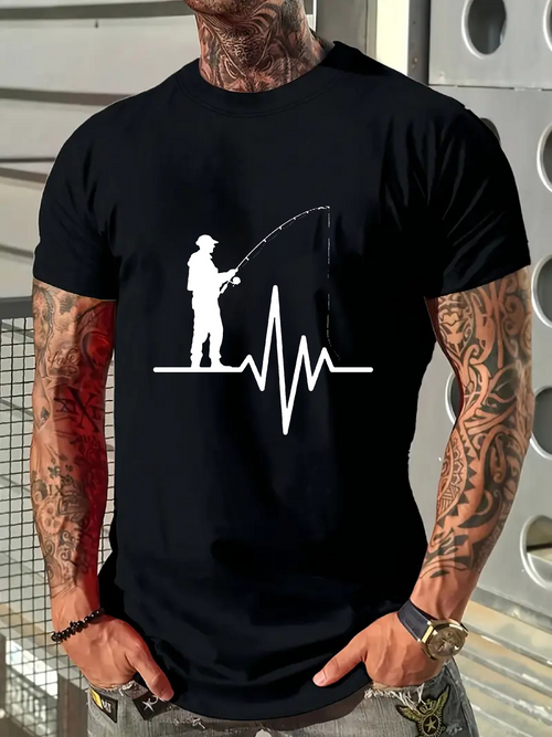 Men's Graphic T-Shirt Heartbeat Wave With Angler Standing By Calm Lake Fisherman