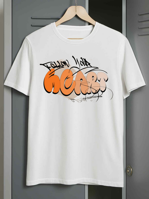 Men's Graphic T-Shirt Follow With Orange Graffiti Lettering Smiling Cartoon Heart