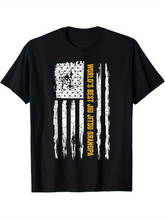Men's Graphic T-Shirt Worlds Best Jiu Jitsu Grandpa Vintage American Flag With Distressed Texture