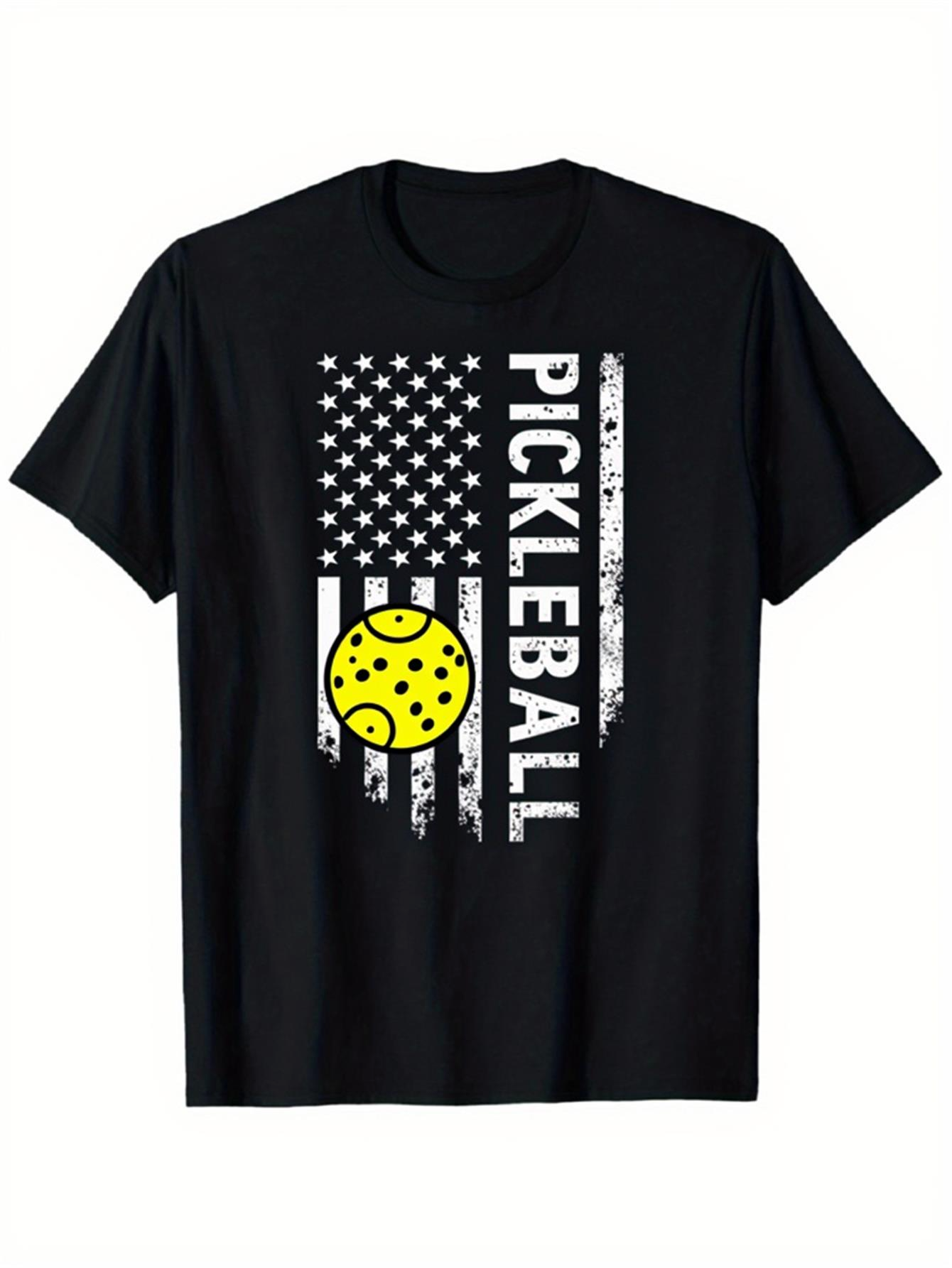 Men's Graphic T-Shirt Pickleball American Flag With Distressed Grunge Lines Featuring Yellow Ball