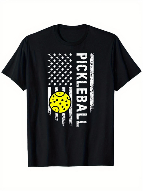 Men's Graphic T-Shirt Pickleball American Flag With Distressed Grunge Lines Featuring Yellow Ball