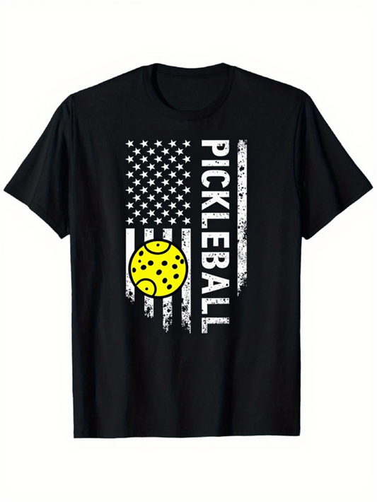 Men's Graphic T-Shirt Pickleball American Flag With Distressed Grunge Lines Featuring Yellow Ball