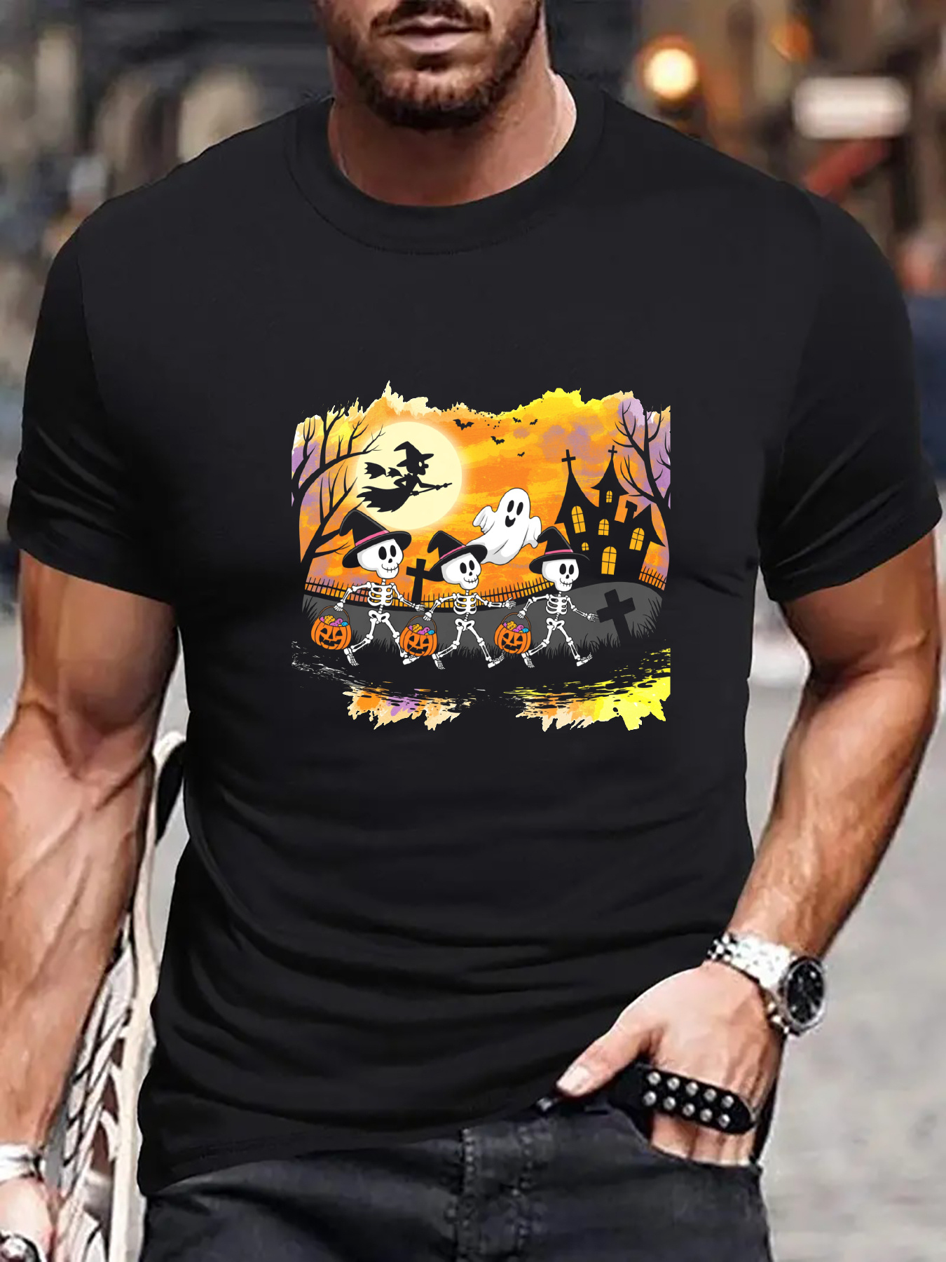 Men's Graphic T-Shirt Dancing Skeletons With Pumpkins In Front Of Haunted House Under Full Moon