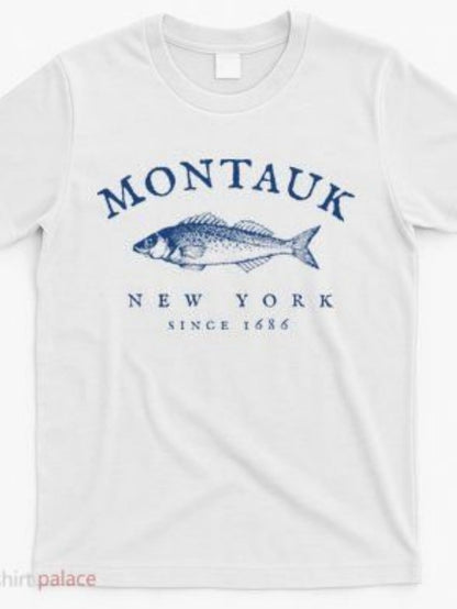 Men's Graphic T-Shirt Montauk New York Since 1664 Vintage Blue Etching Of Fish