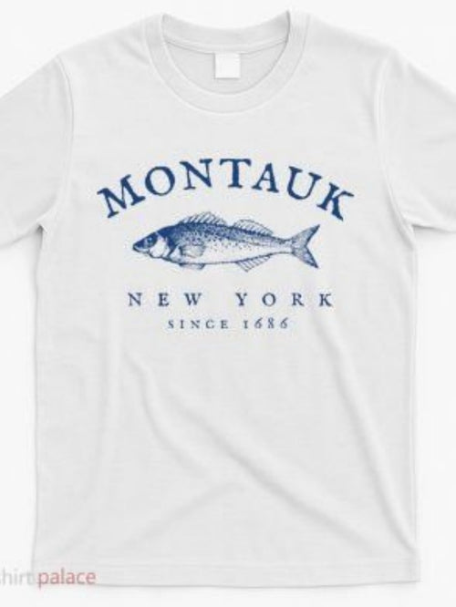 Men's Graphic T-Shirt Montauk New York Since 1664 Vintage Blue Etching Of Fish