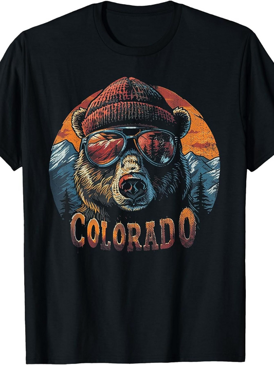 Men's Graphic T-Shirt Colorado Vintage Sunset Mountain With Cool Bear Wearing Red Beanie