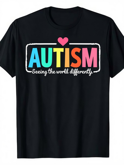 Men's Graphic T-Shirt Autism Seeing The World Differently Colorful Letters And Pink Heart T Shirt
