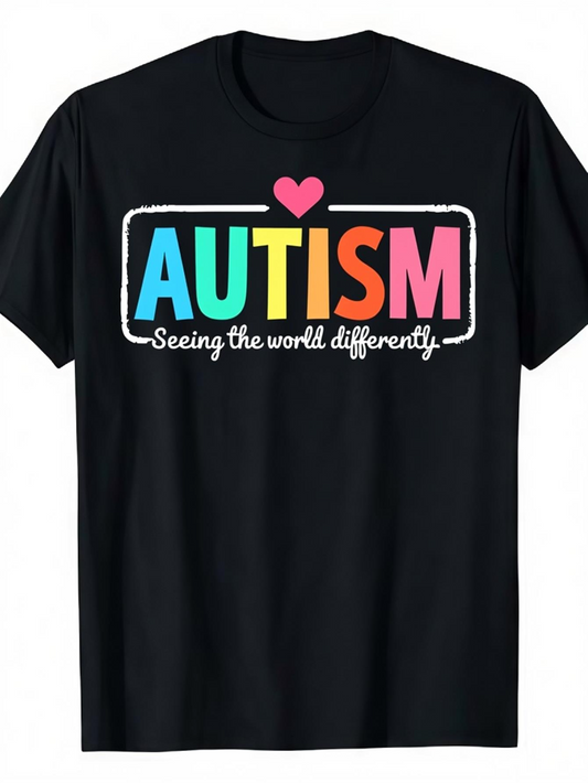 Men's Graphic T-Shirt Autism Seeing The World Differently Colorful Letters And Pink Heart T Shirt