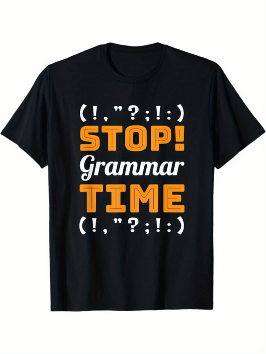 Men's Graphic T-Shirt Stop Grammar Time Punctuation Marks Surrounding Bold Orange Letters