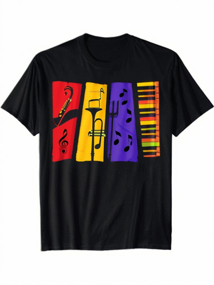 Men's Graphic T-Shirt Abstract Jazz Inspired Color Block With Musical Notes Trumpet Piano