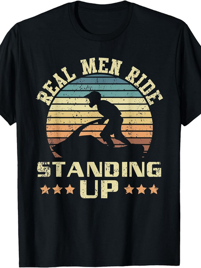 Men's Graphic T-Shirt Real Men Ride Bold Retro Sunset Featuring A Jet Ski Silhouette