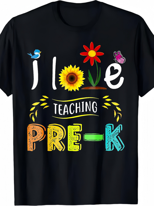 Men's Graphic T-Shirt I Love Teaching Colorful Flowers And Playful Insects On Black T Shirt