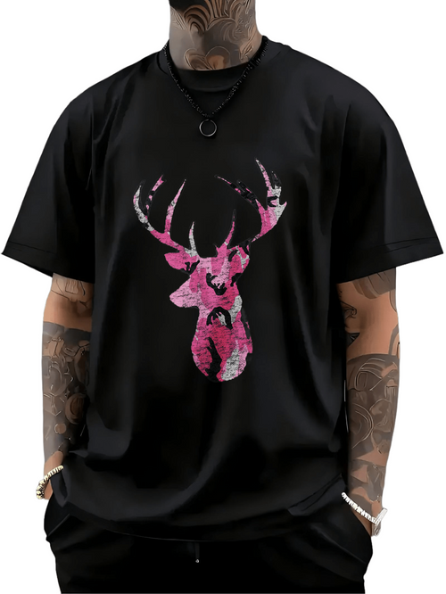 Men's Graphic T-Shirt Abstract Pink Paint Splatter With Strong Antlers Deer