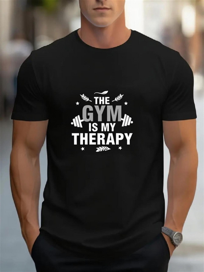 Men's Graphic T-Shirt The Gym Is My Therapy With Dumbbells Surrounded By Decorative Accents Text