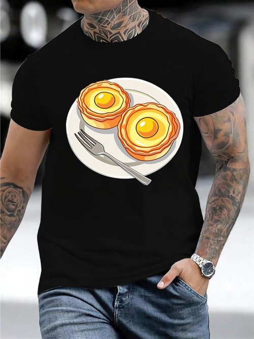 Men's Graphic T-Shirt Breakfast Plate With Golden Eggs Bacon And Silver Fork On Dish