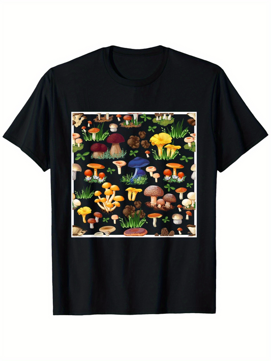 Men's Graphic T-Shirt Colorful Fungi And Lush Greenery With Vintage Botanical Mushrooms