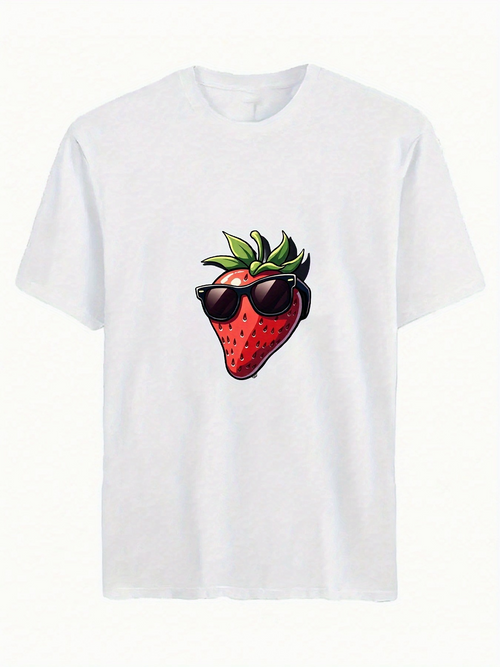 Men's Graphic T-Shirt Fun Cartoon Style Strawberry Wearing Cool Black Sunglasses Fruit