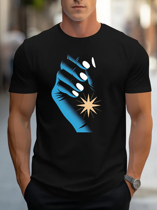 Men's Graphic T-Shirt Blue Hand With White Nails Reaching For Radiant Golden Star