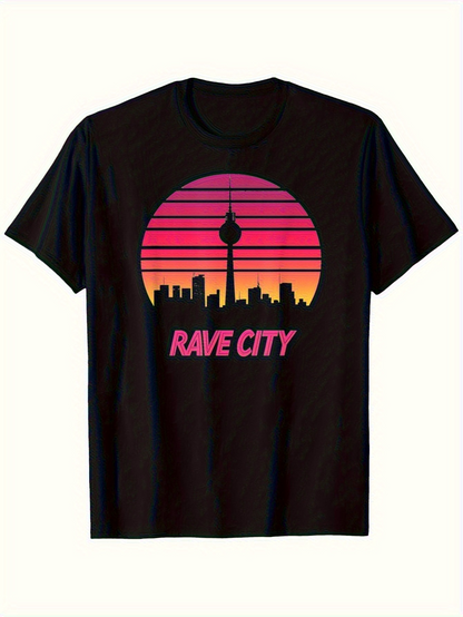 Men's Graphic T-Shirt Rave City Retro Neon Skyline With Glowing Pink Sunset Silhouette Tower