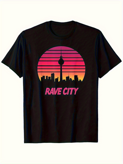 Men's Graphic T-Shirt Rave City Retro Neon Skyline With Glowing Pink Sunset Silhouette Tower