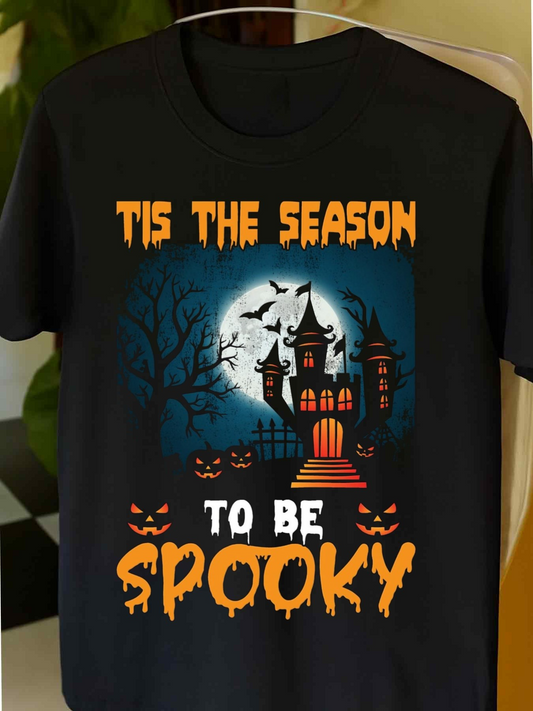 Men's Graphic T-Shirt Tis The Season To Be Spooky With Haunted Castle Full Moon And Bats