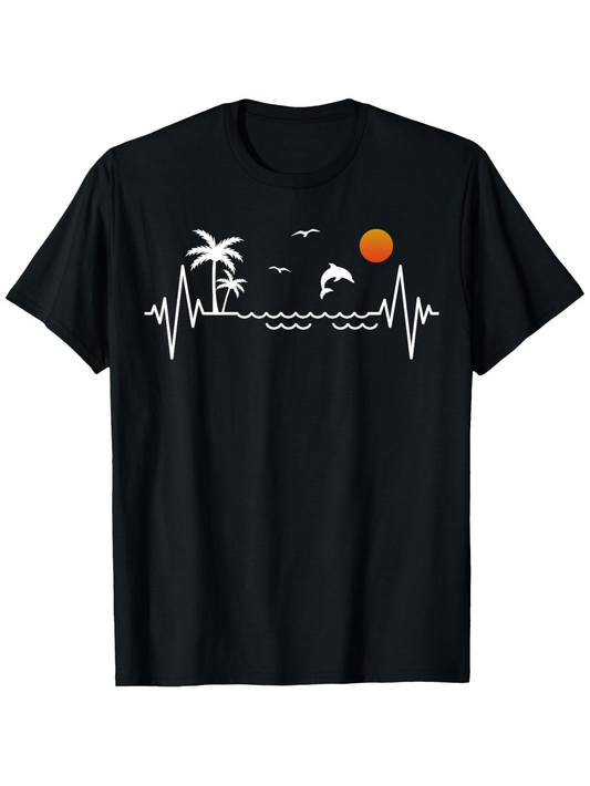 Men's Graphic T-Shirt Waves And Palm Trees With Sunset And Jumping Dolphin