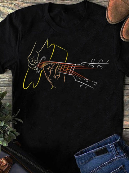 Women's Graphic T-Shirt Continuous Line Drawing With Vibrant Accent Colors Depicting A Cowboy Hat And Guitar