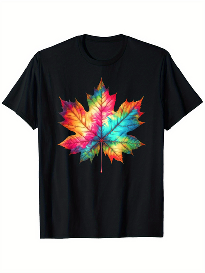 Men's Graphic T-Shirt Vibrant Tie Dyed Rainbow Colors Spreading Across Maple Leaf