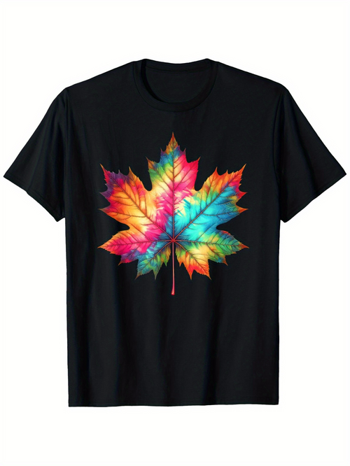 Men's Graphic T-Shirt Vibrant Tie Dyed Rainbow Colors Spreading Across Maple Leaf