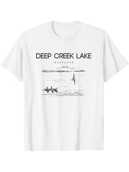 Men's Graphic T-Shirt Deep Creek Lake Calm Water Reflections With Distant Kayakers Canoe And Swimmer