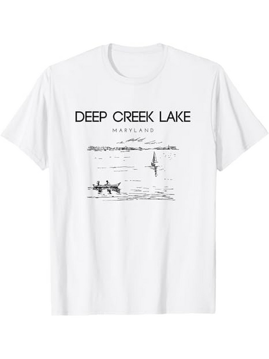 Men's Graphic T-Shirt Deep Creek Lake Calm Water Reflections With Distant Kayakers Canoe And Swimmer
