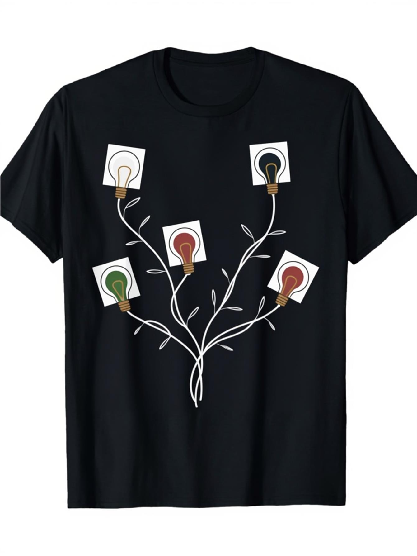 Men's Graphic T-Shirt Botanical Branches With Abstract Colorful Rectangles And Light Bulb Flower
