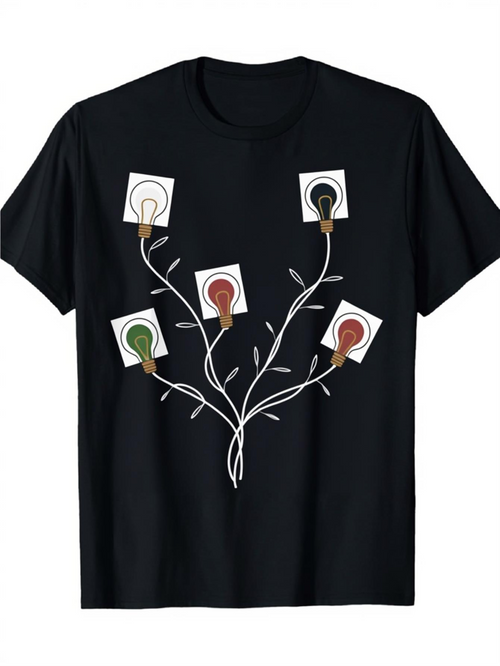 Men's Graphic T-Shirt Botanical Branches With Abstract Colorful Rectangles And Light Bulb Flower