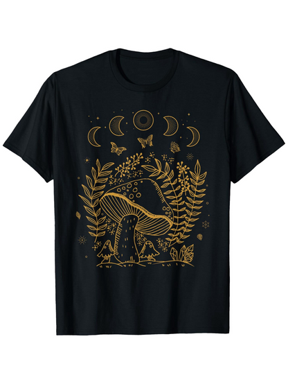 Men's Graphic T-Shirt Golden Fern Leaves With Crescent Moons Above Mystical Mushroom