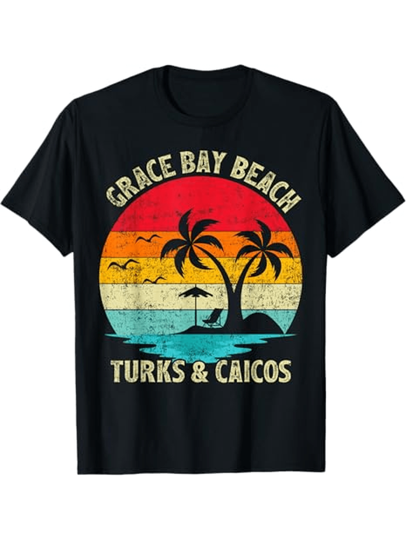 Men's Graphic T-Shirt Grace Bay Beach Sunset Palms Waves With Seagulls And Umbrella Scene